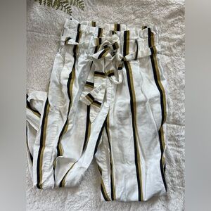 Sancia by Anthropologie White Linen Blend Striped Pants with Tie Front
